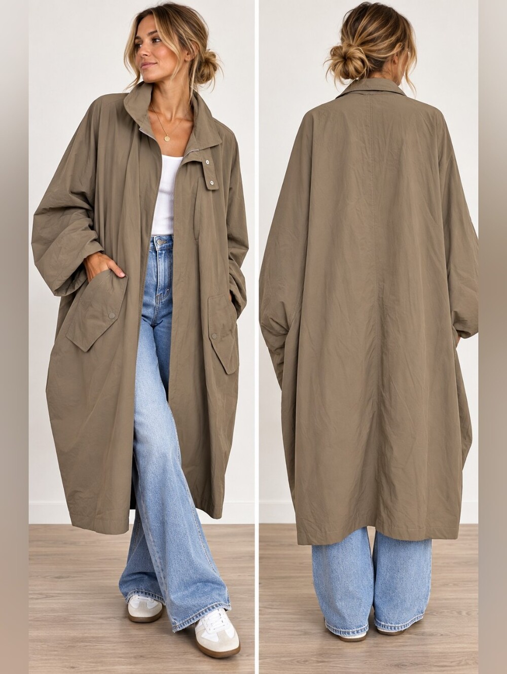 Hello September Free Size Oversized Cocoon Duster Coat Taupe Nylon